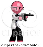 Poster, Art Print Of Pink Doctor Scientist Man Shooting Automatic Assault Weapon