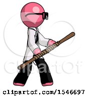 Poster, Art Print Of Pink Doctor Scientist Man Holding Bo Staff In Sideways Defense Pose