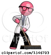 Poster, Art Print Of Pink Doctor Scientist Man Cleaning Services Janitor Sweeping Floor With Push Broom