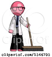 Poster, Art Print Of Pink Doctor Scientist Man Standing With Industrial Broom