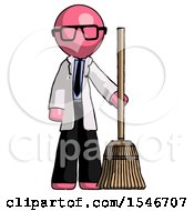Poster, Art Print Of Pink Doctor Scientist Man Standing With Broom Cleaning Services