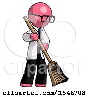 Poster, Art Print Of Pink Doctor Scientist Man Sweeping Area With Broom
