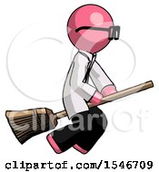 Pink Doctor Scientist Man Flying On Broom