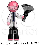 Pink Doctor Scientist Man Holding Feather Duster Facing Forward