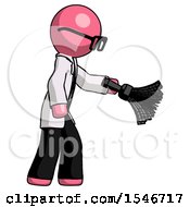 Poster, Art Print Of Pink Doctor Scientist Man Dusting With Feather Duster Downwards