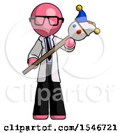 Pink Doctor Scientist Man Holding Jester Diagonally
