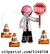 Poster, Art Print Of Pink Doctor Scientist Man Holding Stop Sign By Traffic Cones Under Construction Concept