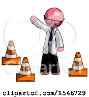 Poster, Art Print Of Pink Doctor Scientist Man Standing By Traffic Cones Waving