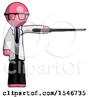 Pink Doctor Scientist Man Standing With Ninja Sword Katana Pointing Right
