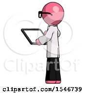 Poster, Art Print Of Pink Doctor Scientist Man Looking At Tablet Device Computer With Back To Viewer