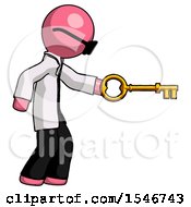 Poster, Art Print Of Pink Doctor Scientist Man With Big Key Of Gold Opening Something