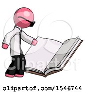 Pink Doctor Scientist Man Reading Big Book While Standing Beside It