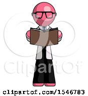 Pink Doctor Scientist Man Reading Book While Standing Up Facing Viewer