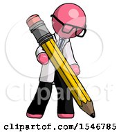 Poster, Art Print Of Pink Doctor Scientist Man Writing With Large Pencil