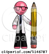 Poster, Art Print Of Pink Doctor Scientist Man With Large Pencil Standing Ready To Write