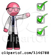 Poster, Art Print Of Pink Doctor Scientist Man Standing By List Of Checkmarks