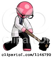 Pink Doctor Scientist Man Hitting With Sledgehammer Or Smashing Something At Angle