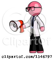 Poster, Art Print Of Pink Doctor Scientist Man Holding Megaphone Bullhorn Facing Right