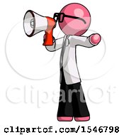 Poster, Art Print Of Pink Doctor Scientist Man Shouting Into Megaphone Bullhorn Facing Left