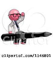 Pink Doctor Scientist Man Riding A Pen Like A Giant Rocket