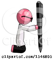 Pink Doctor Scientist Man Posing With Giant Pen In Powerful Yet Awkward Manner