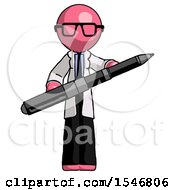 Pink Doctor Scientist Man Posing Confidently With Giant Pen