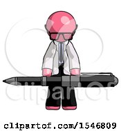 Poster, Art Print Of Pink Doctor Scientist Man Weightlifting A Giant Pen