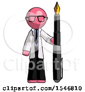 Pink Doctor Scientist Man Holding Giant Calligraphy Pen