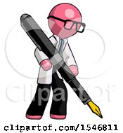 Pink Doctor Scientist Man Drawing Or Writing With Large Calligraphy Pen