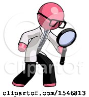 Poster, Art Print Of Pink Doctor Scientist Man Inspecting With Large Magnifying Glass Right