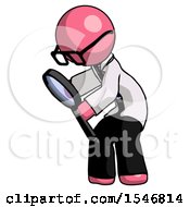 Pink Doctor Scientist Man Inspecting With Large Magnifying Glass Left