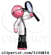 Poster, Art Print Of Pink Doctor Scientist Man Inspecting With Large Magnifying Glass Facing Up