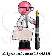 Poster, Art Print Of Pink Doctor Scientist Man Holding Large Envelope And Calligraphy Pen