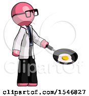 Pink Doctor Scientist Man Frying Egg In Pan Or Wok Facing Right
