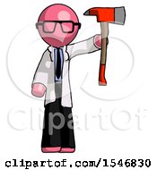 Poster, Art Print Of Pink Doctor Scientist Man Holding Up Red Firefighters Ax