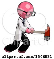 Poster, Art Print Of Pink Doctor Scientist Man With Ax Hitting Striking Or Chopping