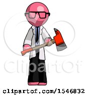 Poster, Art Print Of Pink Doctor Scientist Man Holding Red Fire Fighters Ax