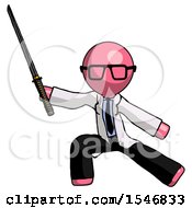 Pink Doctor Scientist Man With Ninja Sword Katana In Defense Pose