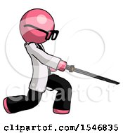 Poster, Art Print Of Pink Doctor Scientist Man With Ninja Sword Katana Slicing Or Striking Something