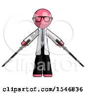 Poster, Art Print Of Pink Doctor Scientist Man Posing With Two Ninja Sword Katanas