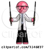 Pink Doctor Scientist Man Posing With Two Ninja Sword Katanas Up