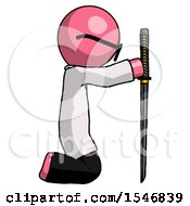 Poster, Art Print Of Pink Doctor Scientist Man Kneeling With Ninja Sword Katana Showing Respect