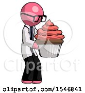 Poster, Art Print Of Pink Doctor Scientist Man Holding Large Cupcake Ready To Eat Or Serve