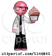 Pink Doctor Scientist Man Presenting Pink Cupcake To Viewer
