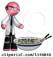 Pink Doctor Scientist Man And Noodle Bowl Giant Soup Restaraunt Concept