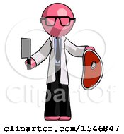 Poster, Art Print Of Pink Doctor Scientist Man Holding Large Steak With Butcher Knife