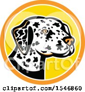 Dalmatian Dog Mascot Head In A Yellow And Orange Circle