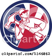 Poster, Art Print Of Retro Male Carpenter Holding A Giant Hammer In An American Flag Circle
