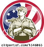 Clipart Of A Retro Male Carpenter Holding A Hammer In An American Flag Circle Royalty Free Vector Illustration