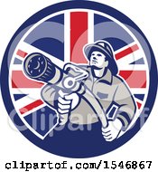 Poster, Art Print Of Retro Fireman Holding A Hose In A British Flag Circle